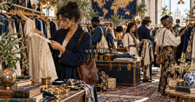 Secondhand clothing market illustration with centered VERIQIA watermark