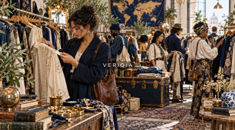 Secondhand clothing market illustration with centered VERIQIA watermark