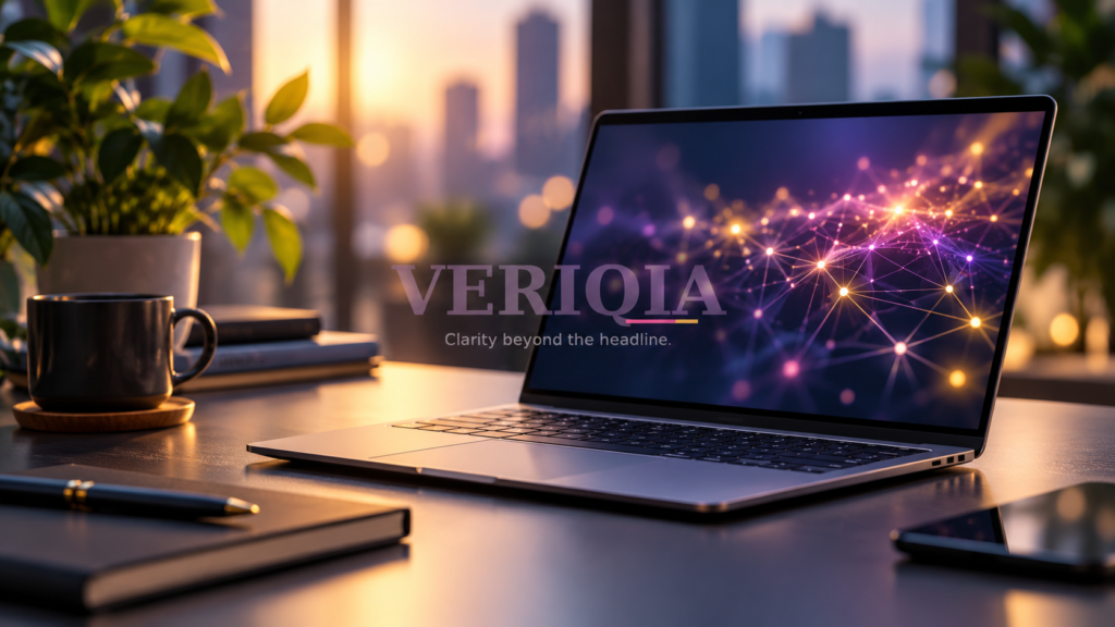 Illustration of a laptop with an abstract neural-network display