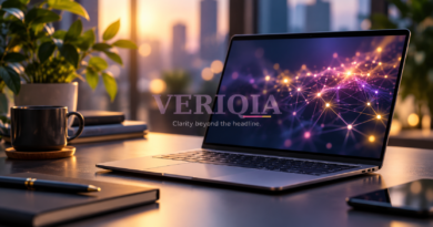 Illustration of a laptop with an abstract neural-network display