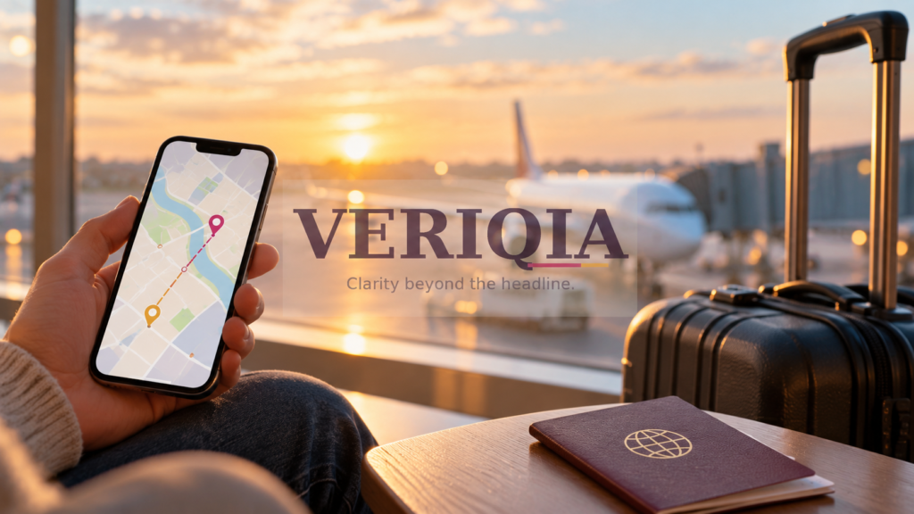 Traveler checking a phone map beside cabin luggage