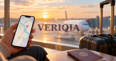 Traveler checking a phone map beside cabin luggage