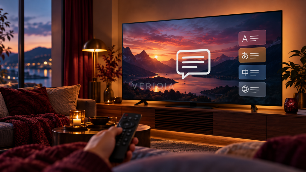Television showing a landscape and conceptual subtitle and language-selection icons