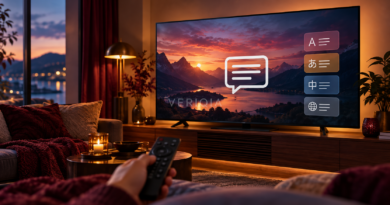 Television showing a landscape and conceptual subtitle and language-selection icons