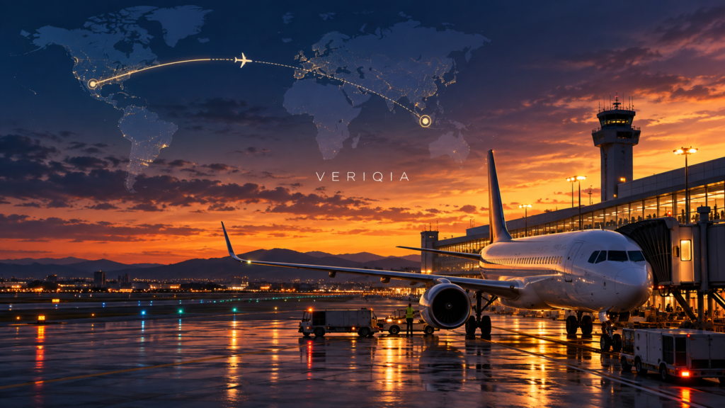 Illustration of a passenger aircraft diversion with centered VERIQIA watermark