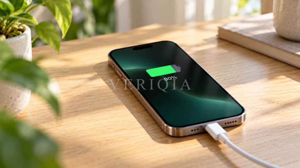 Smartphone connected to a charging cable with a green battery icon showing 80 percent