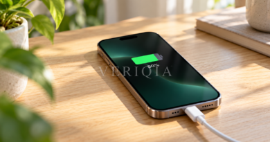 Smartphone connected to a charging cable with a green battery icon showing 80 percent