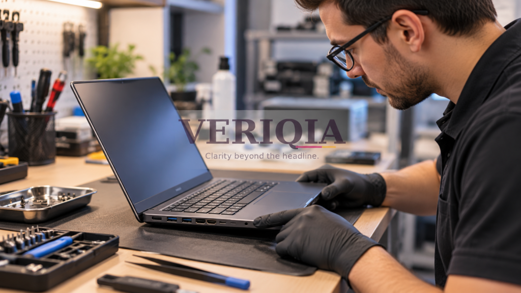 Technician inspecting a refurbished laptop with a centered VERIQIA watermark