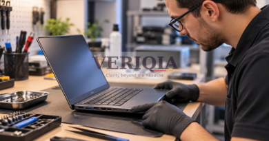 Technician inspecting a refurbished laptop with a centered VERIQIA watermark