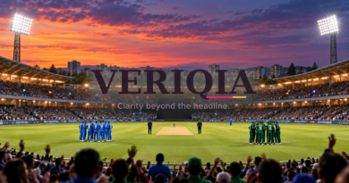 Editorial illustration of two cricket teams in blue and green at a stadium, with the centered VERIQIA watermark