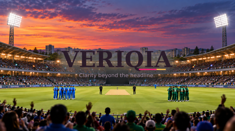 Editorial illustration of two cricket teams in blue and green at a stadium, with the centered VERIQIA watermark