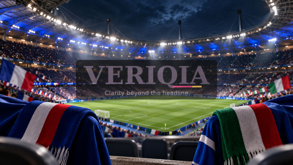 France and Italy football scarves overlooking a stadium pitch, with centered VERIQIA watermark