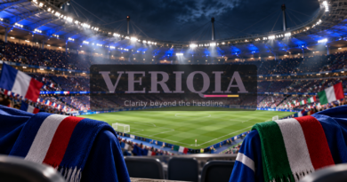 France and Italy football scarves overlooking a stadium pitch, with centered VERIQIA watermark