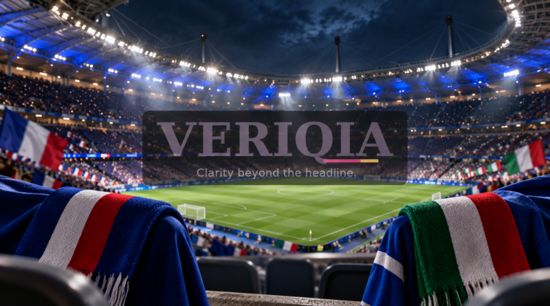 France and Italy football scarves overlooking a stadium pitch, with centered VERIQIA watermark