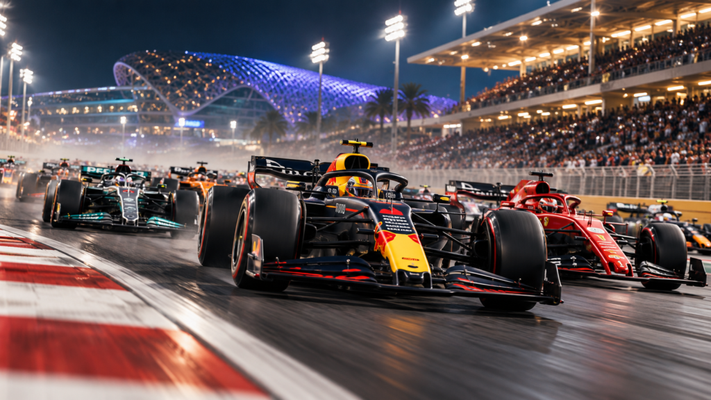 Formula-style race cars turning through a floodlit circuit at night