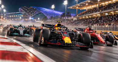 Formula-style race cars turning through a floodlit circuit at night