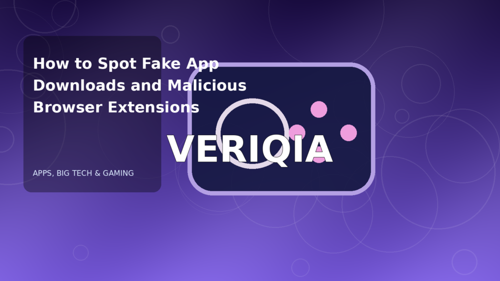 Original editorial illustration illustrating fake app download warning signs, with VERIQIA watermark