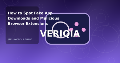 Original editorial illustration illustrating fake app download warning signs, with VERIQIA watermark