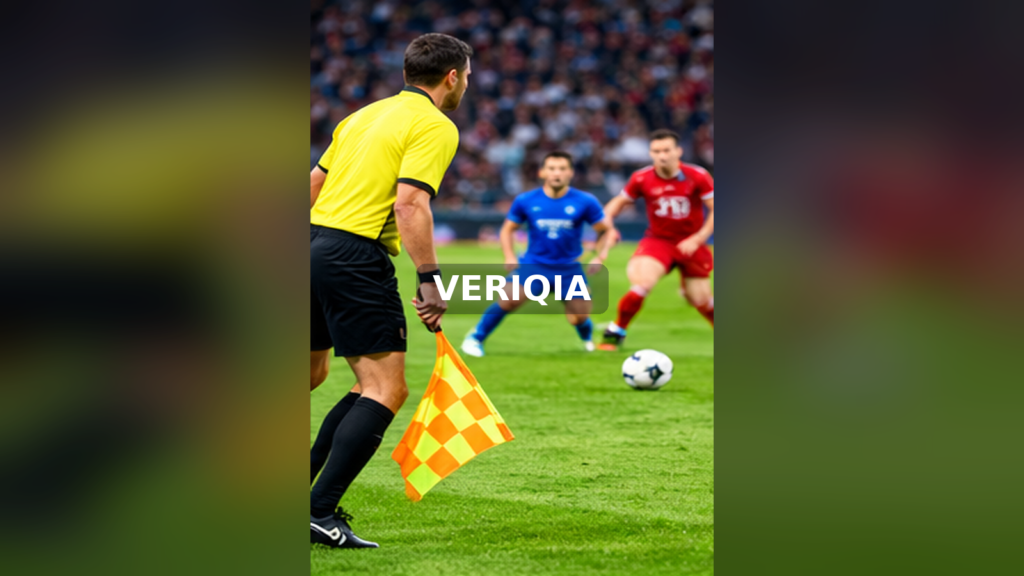 Football assistant referee holding a flag near the touchline during play
