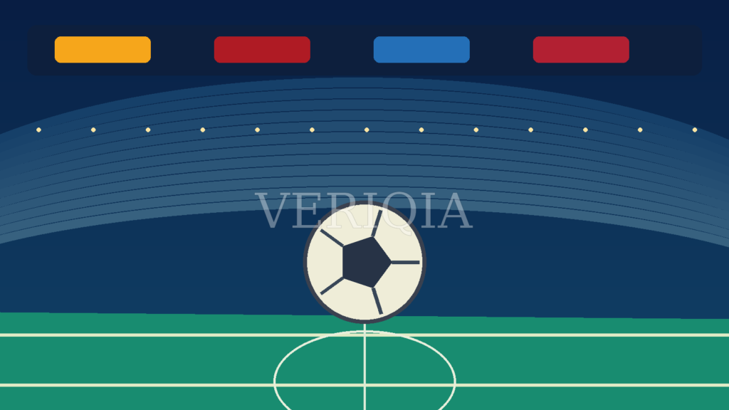 Illuminated football stadium and a large football under blue night lighting with centered VERIQIA watermark