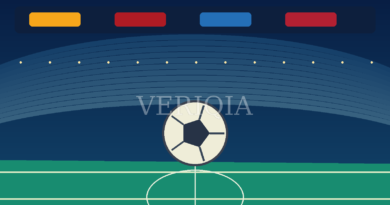 Illuminated football stadium and a large football under blue night lighting with centered VERIQIA watermark