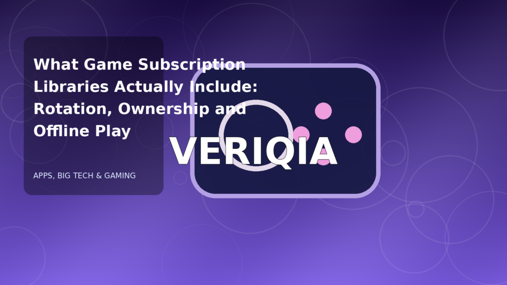 Original editorial illustration illustrating game subscription library explained, with VERIQIA watermark