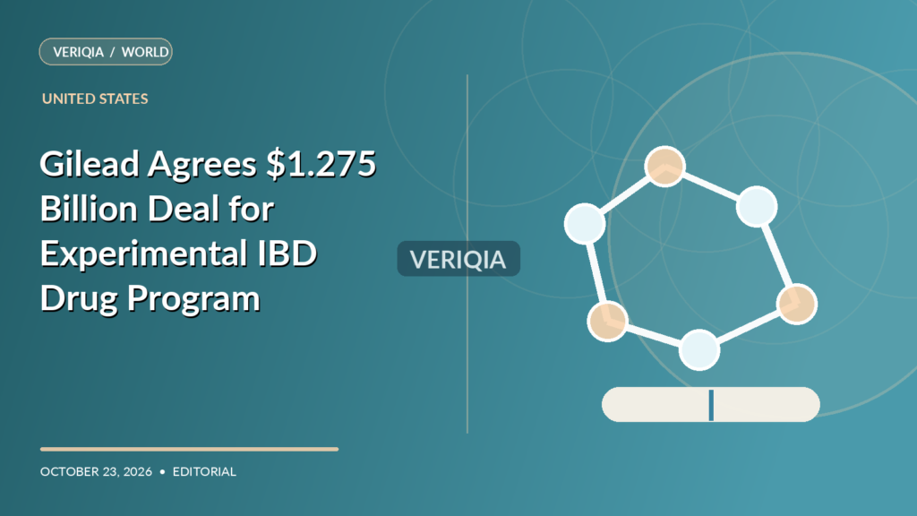 Original VERIQIA editorial illustration of molecule illustration and clinical research laboratory for the report Gilead Agrees $1.275 Billion Deal for Experimental IBD Drug Program, with a subtle centered VERIQIA watermark.