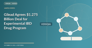 Original VERIQIA editorial illustration of molecule illustration and clinical research laboratory for the report Gilead Agrees $1.275 Billion Deal for Experimental IBD Drug Program, with a subtle centered VERIQIA watermark.