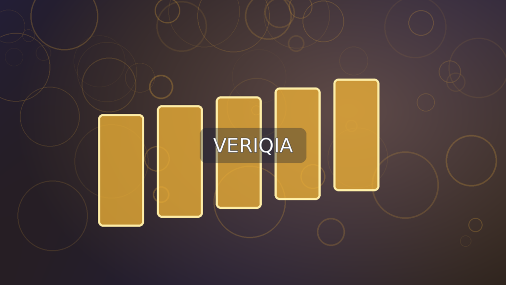 Gold bars and gold grains on polished dark trading table; original VERIQIA editorial illustration with centered watermark.