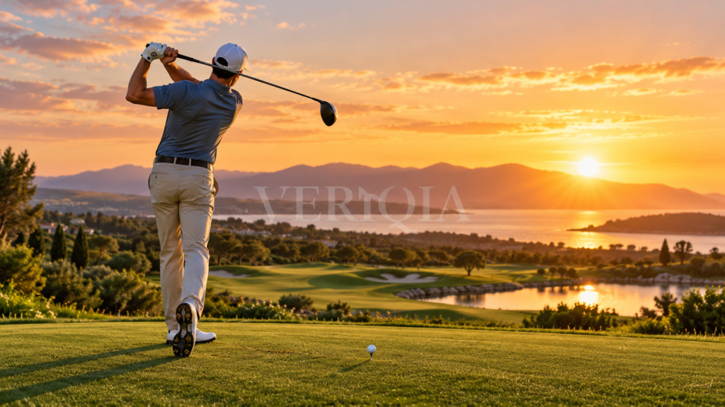 Golfer following through on a drive beside a sunset fairway