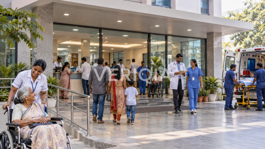 Hospital entrance with patients, healthcare staff and ambulance in a welcoming clinical setting