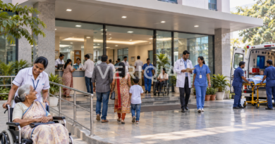 Hospital entrance with patients, healthcare staff and ambulance in a welcoming clinical setting