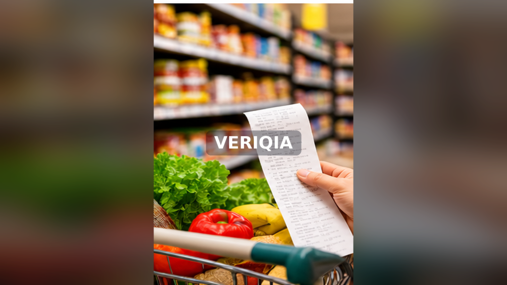 Grocery shopper holding a receipt beside a cart of fresh food
