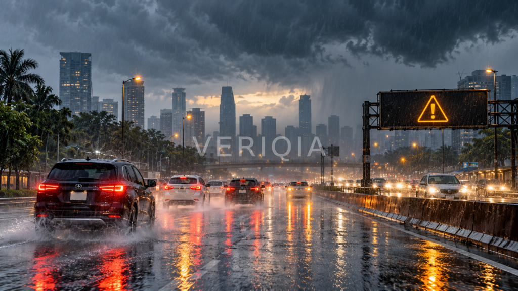 Vehicles driving on a rain-soaked highway beneath dark storm clouds