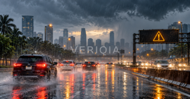 Vehicles driving on a rain-soaked highway beneath dark storm clouds
