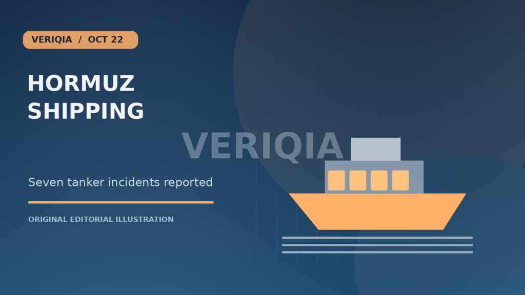 Original editorial illustration showing an oil tanker crossing rough waters for Iran Reports Seven Tanker Incidents in Strait of Hormuz as Oil Risks Rise, with a centered VERIQIA watermark
