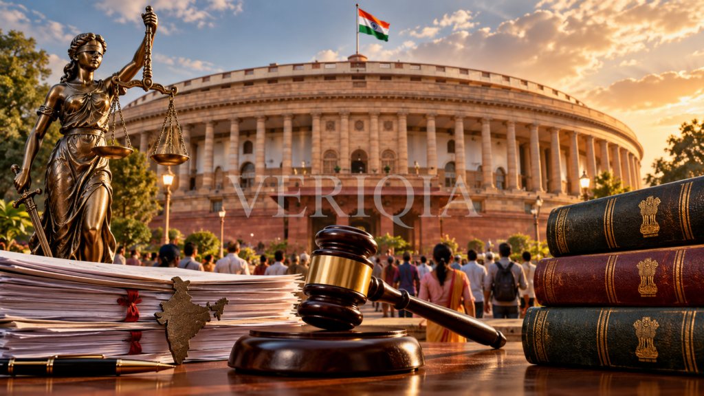 Illustrative scene of Parliament, law books and a justice statue at sunset