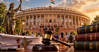 Illustrative scene of Parliament, law books and a justice statue at sunset
