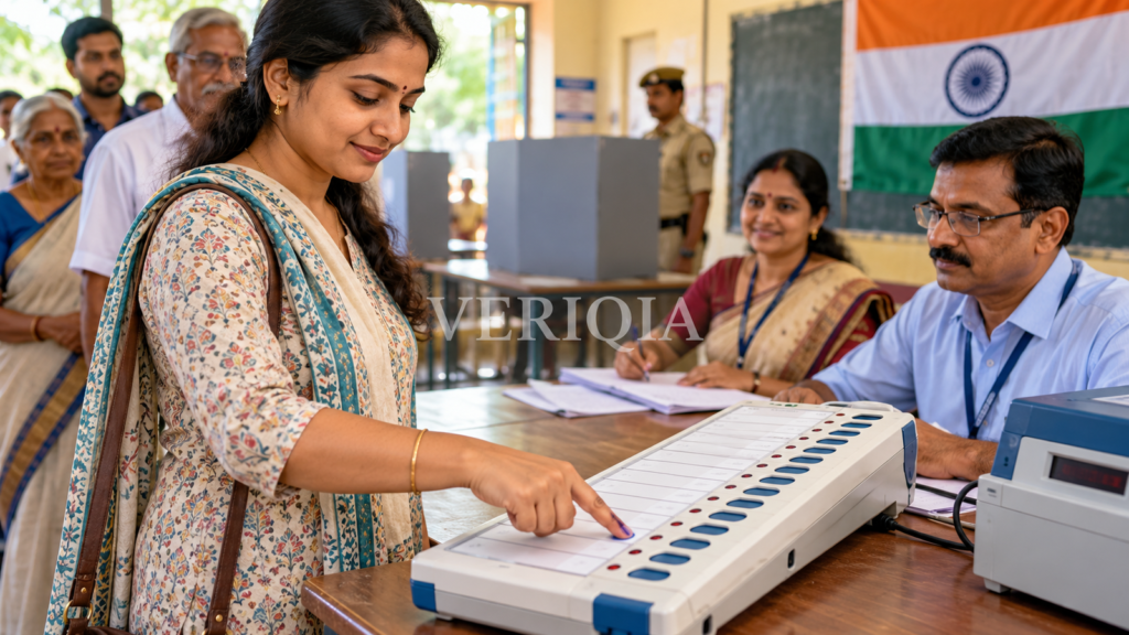 Illustrative Indian polling station with a voter using an electronic voting machine