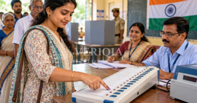 Illustrative Indian polling station with a voter using an electronic voting machine