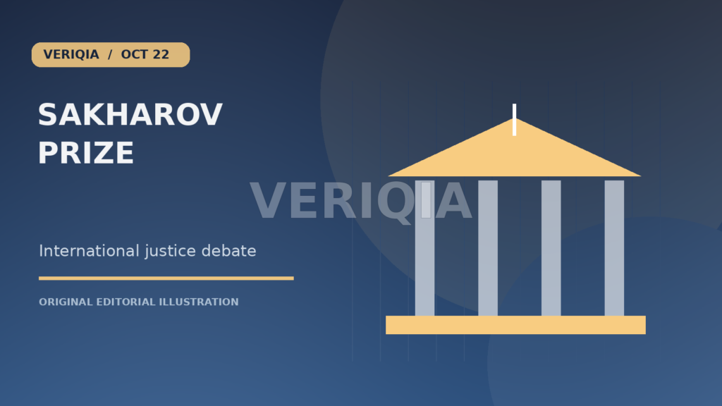 Original editorial illustration showing a courthouse and columns representing international justice for European Parliament Awards Sakharov Prize to International Criminal Court, with a centered VERIQIA watermark