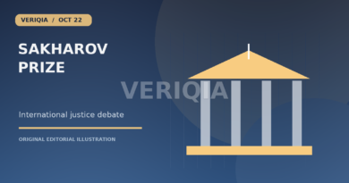 Original editorial illustration showing a courthouse and columns representing international justice for European Parliament Awards Sakharov Prize to International Criminal Court, with a centered VERIQIA watermark