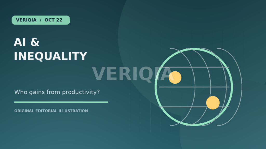Original editorial illustration showing a world globe with unequal access points for IMF and OECD Warn AI Gains Could Widen Gaps Between Economies, with a centered VERIQIA watermark