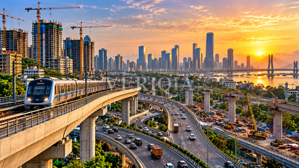 Elevated metro line, highways and construction cranes against an Indian city skyline at sunset