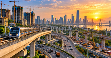 Elevated metro line, highways and construction cranes against an Indian city skyline at sunset