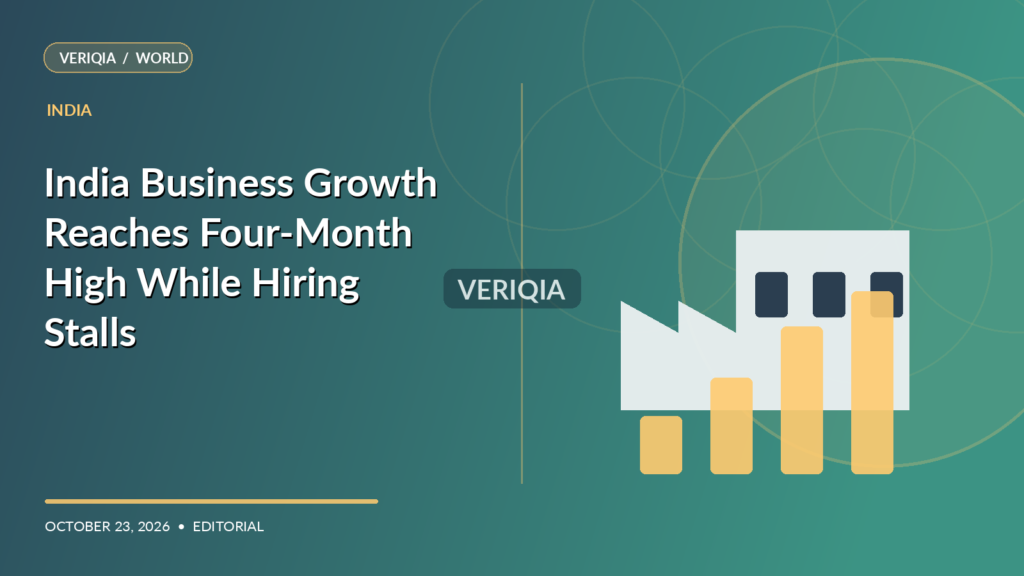 Original VERIQIA editorial illustration of Indian factory and services activity graph for the report India Business Growth Reaches Four-Month High While Hiring Stalls, with a subtle centered VERIQIA watermark.
