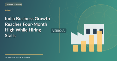 Original VERIQIA editorial illustration of Indian factory and services activity graph for the report India Business Growth Reaches Four-Month High While Hiring Stalls, with a subtle centered VERIQIA watermark.
