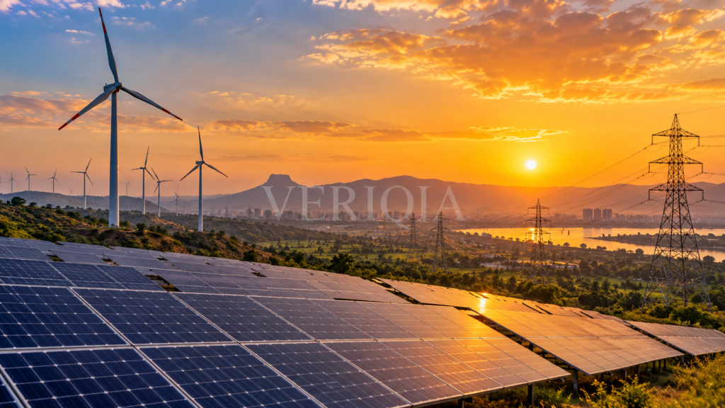 Solar panels and wind turbines connected to power lines at golden sunset