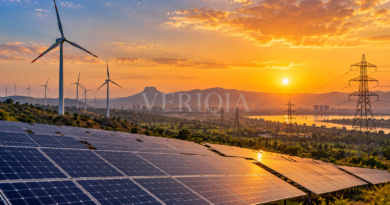 Solar panels and wind turbines connected to power lines at golden sunset