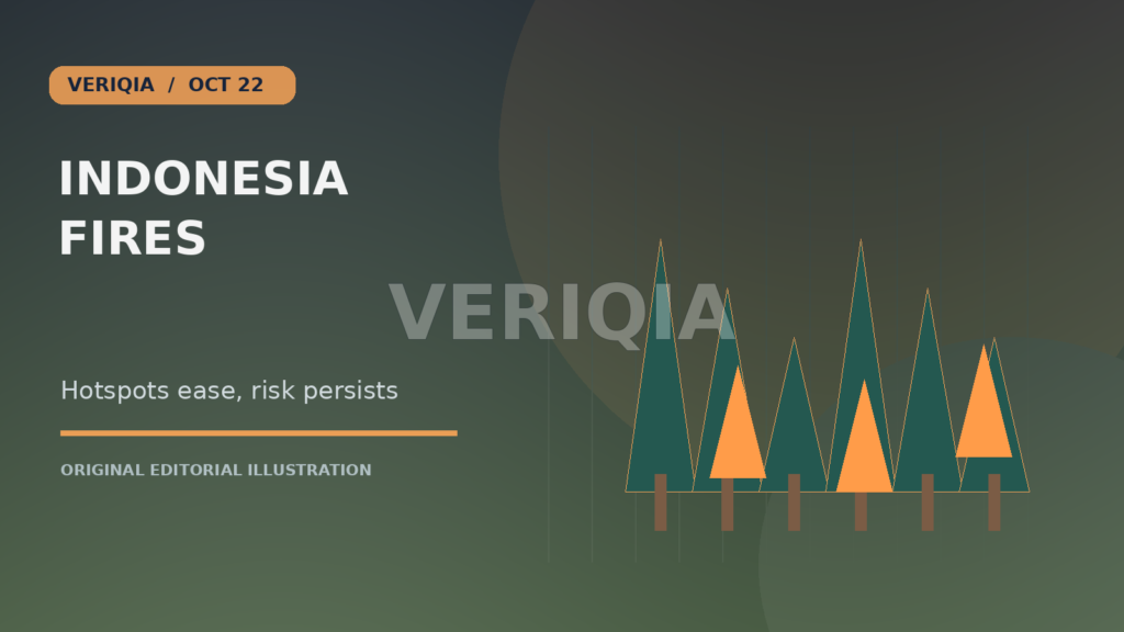 Original editorial illustration showing trees and wildfire flames under a smoky sky for Indonesia Says Fire Hotspots Ease but Dry Conditions Keep Risk High, with a centered VERIQIA watermark